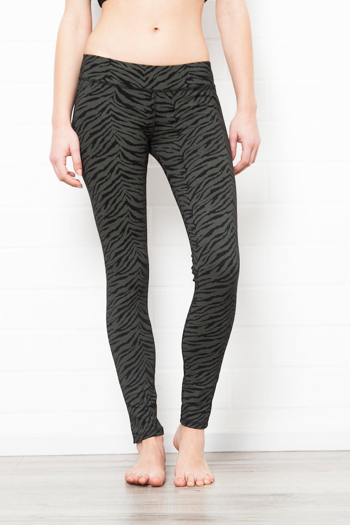 Black greenish zebra leggings medium high waist in cotton spandex shown from the front