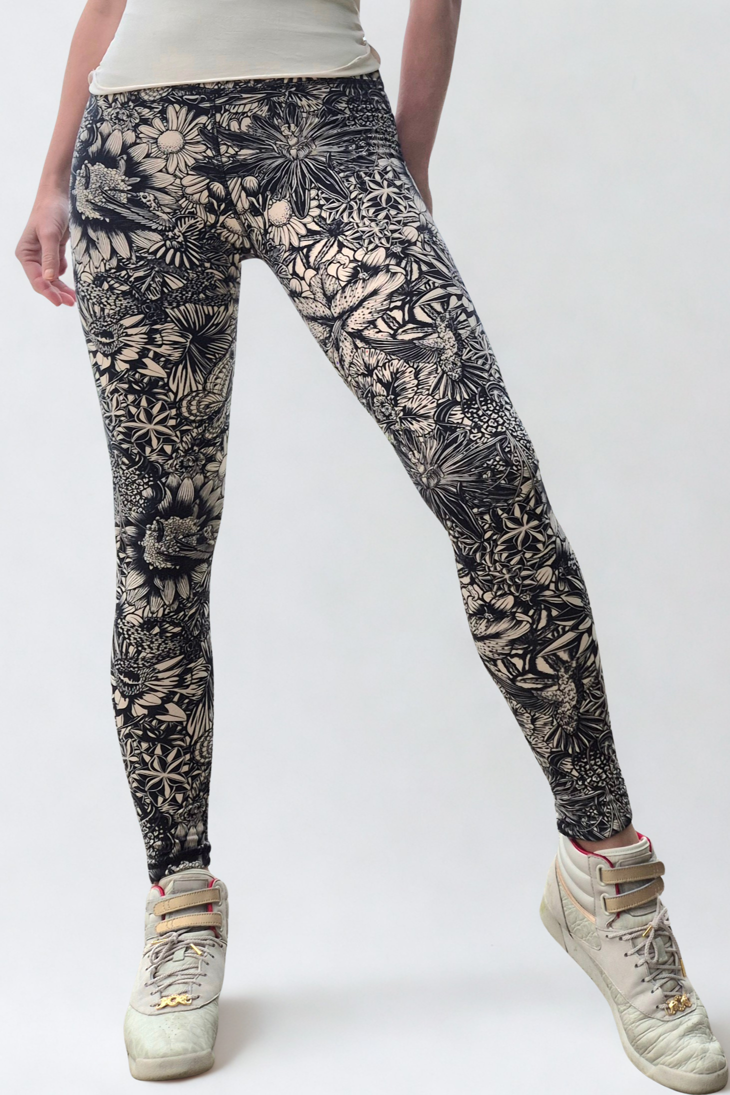Leggings cream black feather with parrot
